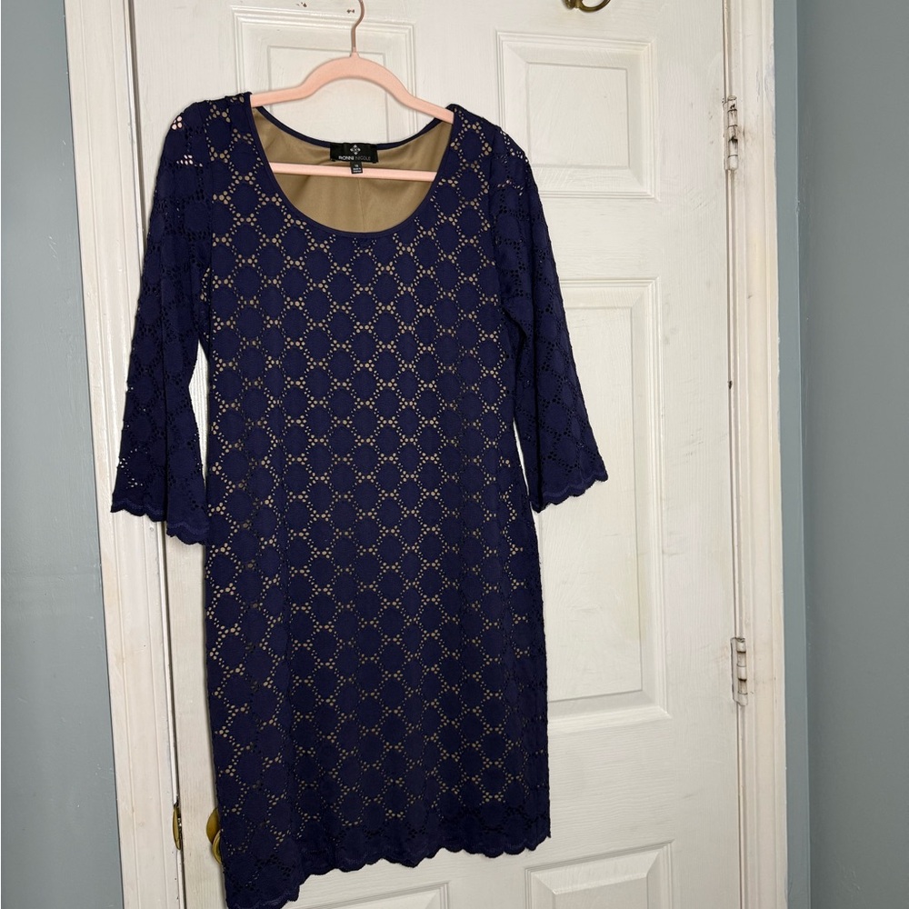Ronni Nicole Navy Blue Lace Long Sleeve Scoop Neck Dress